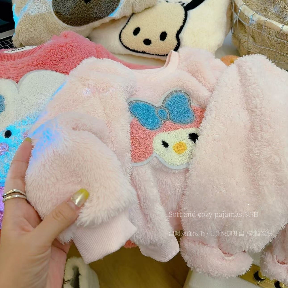 "cute baby outfit" fall and winter boys and girls fleece-linedheattech pajamas cloud velvet kids cute thickened home clothes cotton