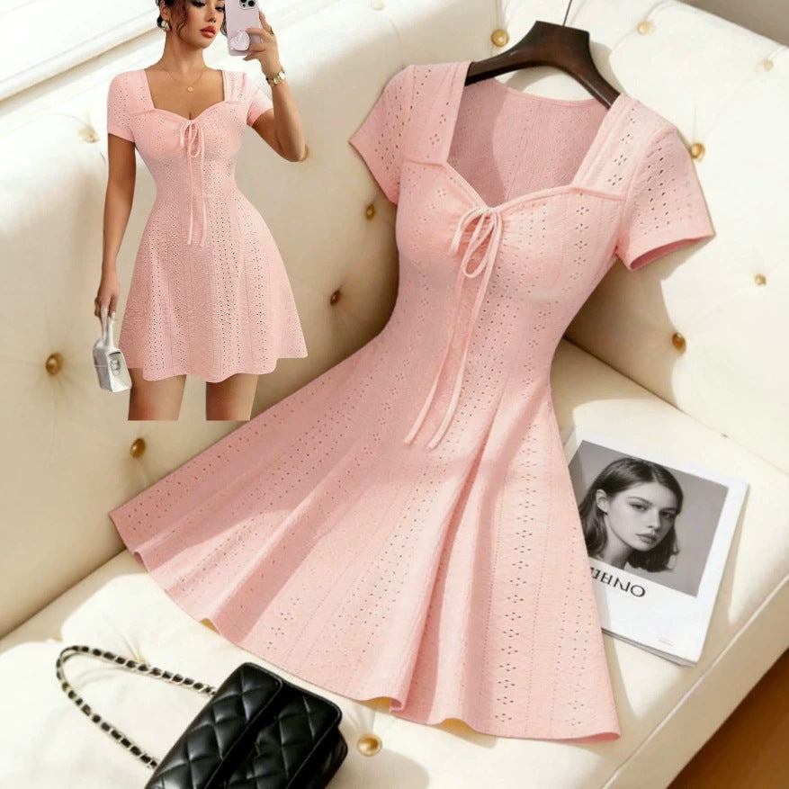 new summer french-style slimming chanel-inspired cinched waist v-neck knit dress