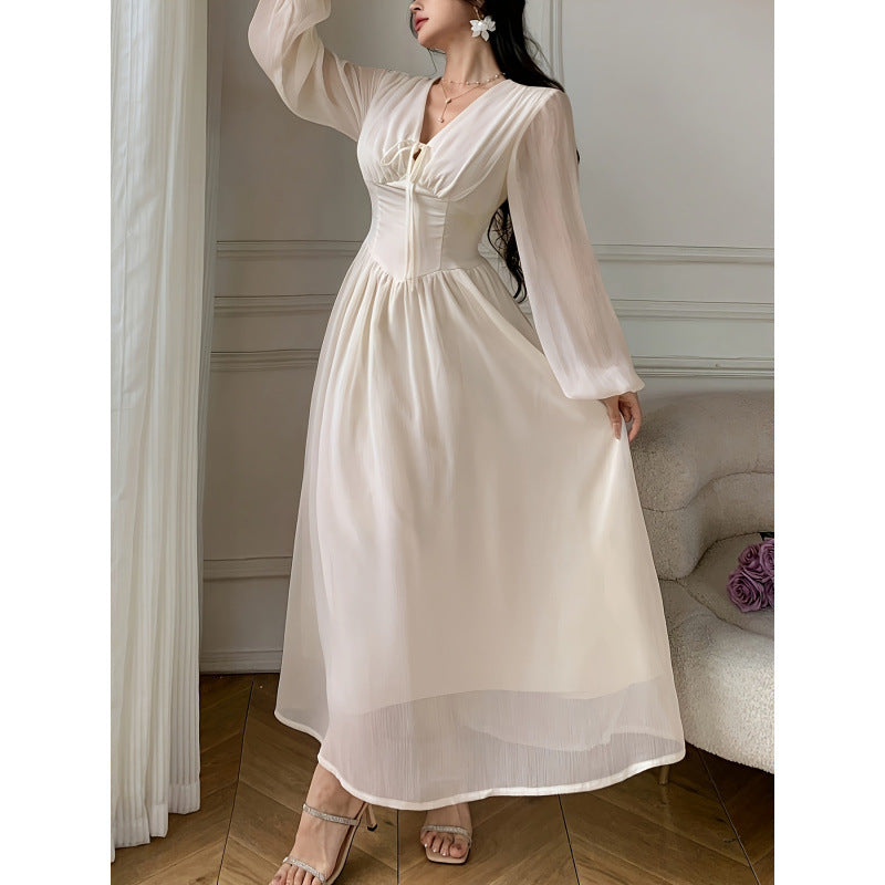 Women's spring/summer fashionable and elegant solid color v-neck tie-waist long sleeve a-line maxi party dress