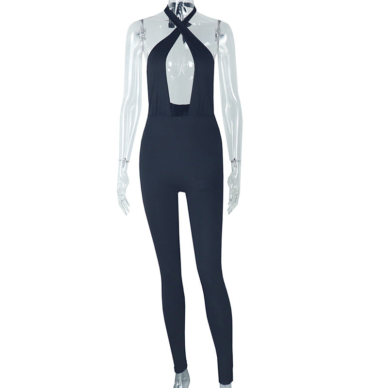 European and american style cross-border women's fashion sexy micro-stretch bodycon solid color long jumpsuit sleeveless halter backless bodysuit