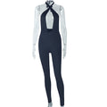 European and american style cross-border women's fashion sexy micro-stretch bodycon solid color long jumpsuit sleeveless halter backless bodysuit