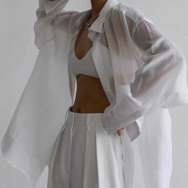 2025 spring and summer new micro-transparent pure wind shirt cardigan top light sunscreen lining European and American  fashion women's clothing