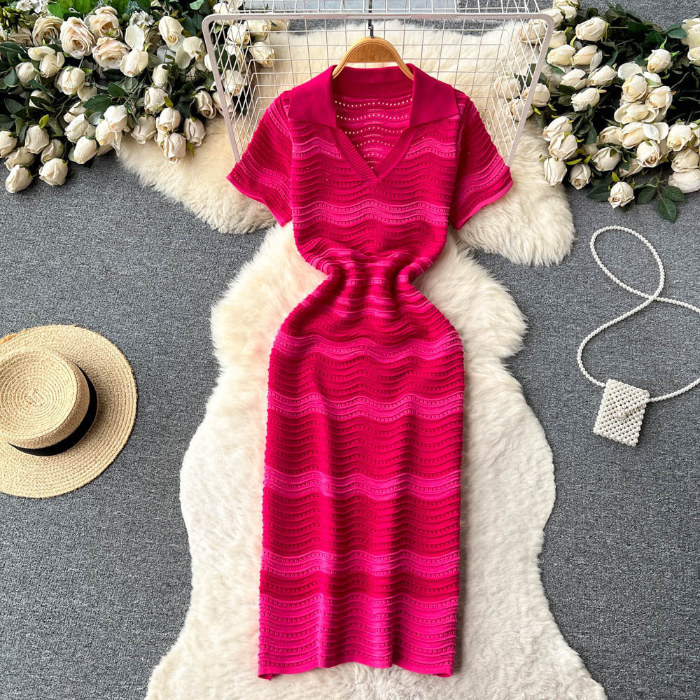 Polo collar short-sleeved stripesknittingdress women's summernew arrival hip-hugging slimming lookniche stylecut outv neck mid-length skirt