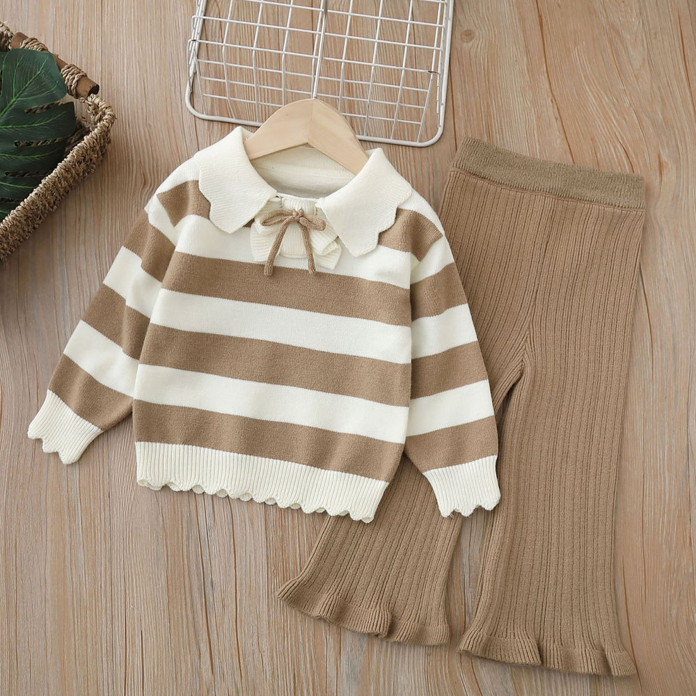 Girls' knitted sweater two-piece set: new autumn/winter striped cardigan and sweater outfit for little girls