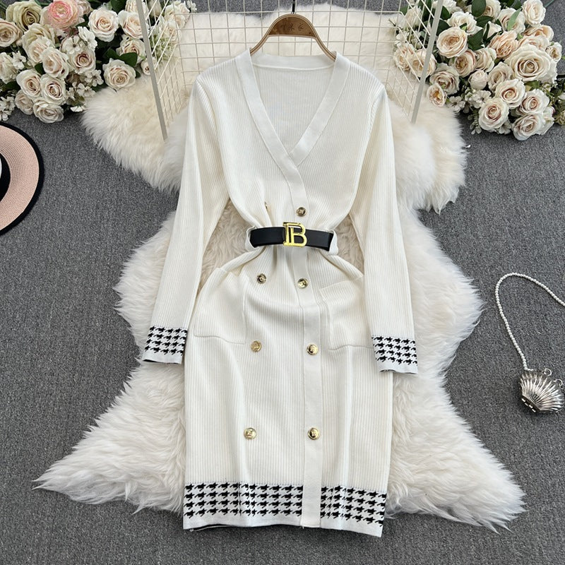Elegant chanel-inspired v-neck double-breasted knit dress with cinched waist – a chic and sophisticated layering piece for spring and autumn