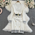 Elegant chanel-inspired v-neck double-breasted knit dress with cinched waist – a chic and sophisticated layering piece for spring and autumn