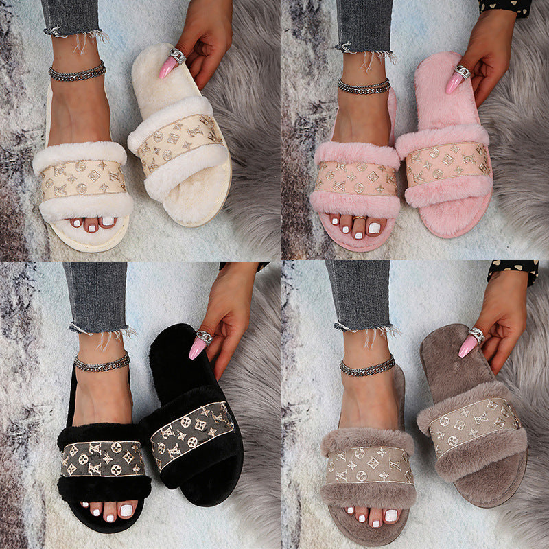 Women's fuzzy slippers - new autumn/winter fashion, letter print thong slippers, home indoor plush wooden floor slippers, warm cotton slippers, plus size available