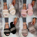 Women's fuzzy slippers - new autumn/winter fashion, letter print thong slippers, home indoor plush wooden floor slippers, warm cotton slippers, plus size available