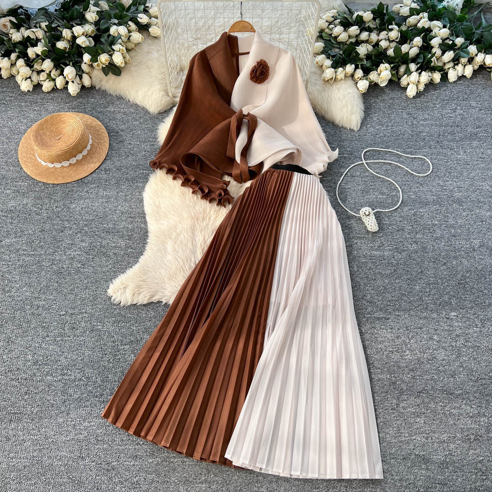 Elegant and chic commute style: sleeveless two-piece pleated skirt set with tie-waist detail - purple, autumn collection, designer piece