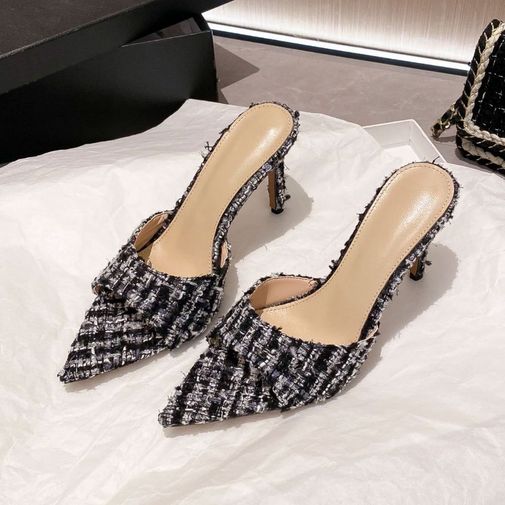 2026 spring/autumn new collection: single strap stiletto heel mules - pointed toe, open toe, chunky wool blend, chanel-inspired elegant high heel slippers
