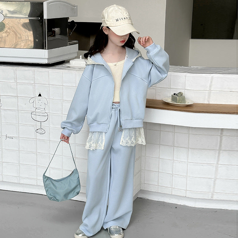 Girls' outfit set -  autumn new arrival - stylish and casual lace hooded jacket & wide-leg pants tracksuit two-piece set (big kids)