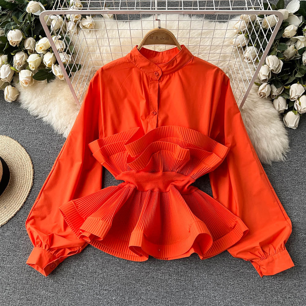 Long sleeves shirt for women sense of designniche style stereo pleated ruffles waist slimming lookeleganteasiest for match spring clothingtops for women