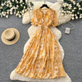French romantic floral dress for women, summer , v-neck, puff sleeves, cinched waist, slimming, elegant maxi dress