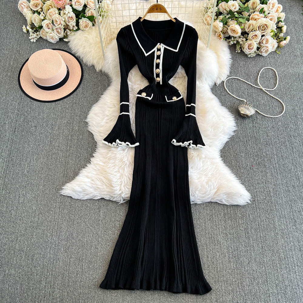 winternew arrivalpolo collar small fragrant style knittingdress women's long sleevesfashionelegant waist sweater skirt