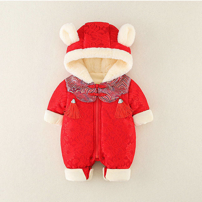 Infant and toddler new year's clothing, zip-up sweatshirts, fleece-lined and thickened rompers, newborn baby girl chinese-style onesies