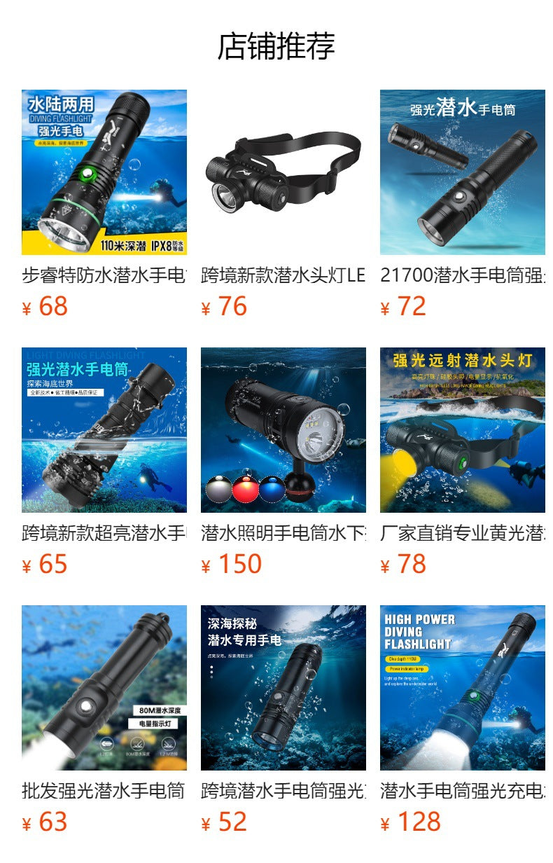 Cross-border new diving headlight LED rechargeable strong light flashlight, professional outdoor lighting waterproof and super bright diving light