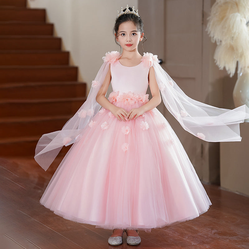 Customized export girls' dresses with shawl, ribbon, host performance, mesh, high-end children's princess dress for runway show and performance