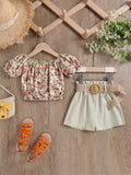 new summer collection: 100% cotton floral print stretch top with elasticated cuffs + woven shorts, includes linen belt - cross-border fashion for the us and europe