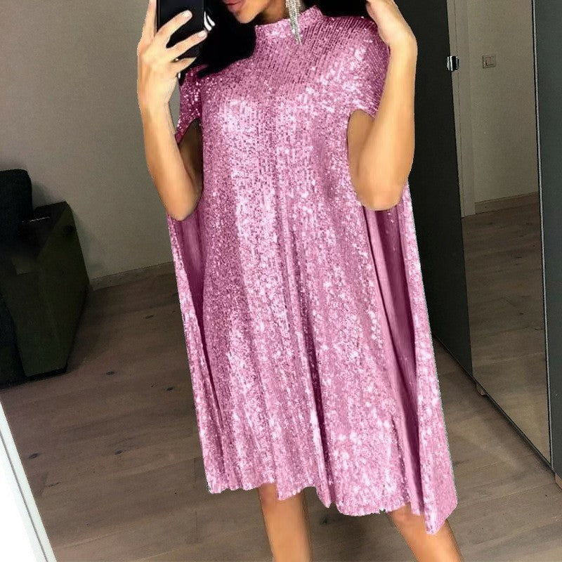 spring new    european and american foreign trade small stand collar sequin dress loose women's clothing
