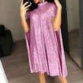 spring new    european and american foreign trade small stand collar sequin dress loose women's clothing