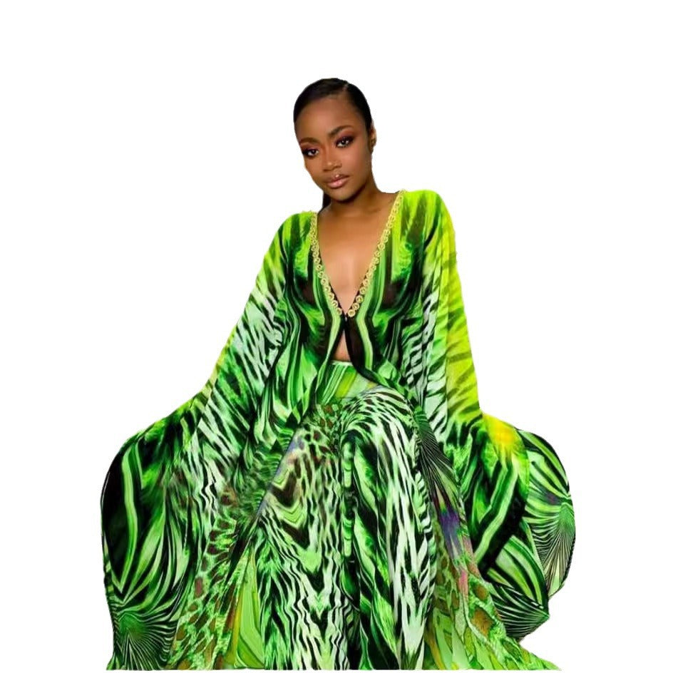supply summerelegant chiffon v neck chiffon outwear shawl loosepantstwo-piece set multiple colors