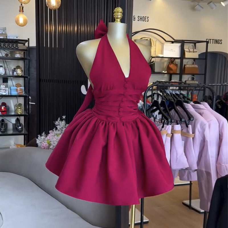European and american cross-border women's fashion:  spring new arrivals - sexy and elegant halter neck bowknot backless mini dress
