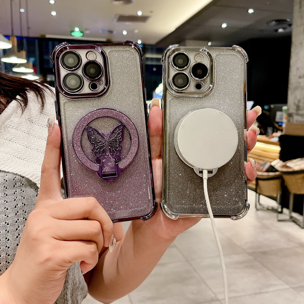 New 17 apple 16 butterfly glitter stand magnetic phone case, four-corner drop protection iphone 15 cover, compatible with iphone 13