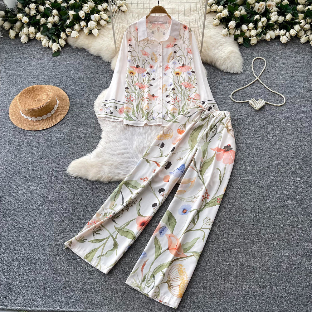 Korean style commute chic floral print two-piece set: women's autumn polo shirt and wide-leg pants outfit