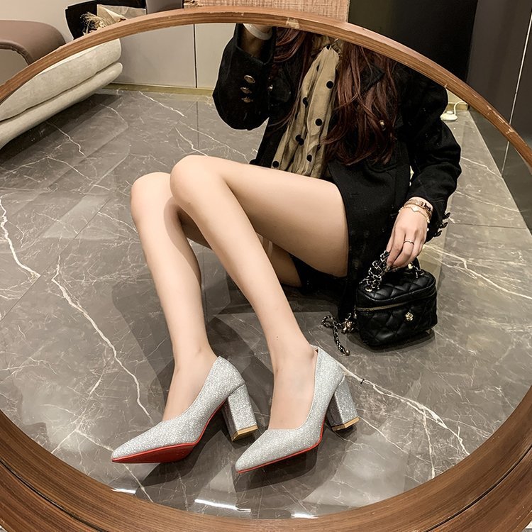 2026exportflats thick heel flats women's pure color pointed toe bean shoes k-stylefashion high heels women's manufacturer plus size