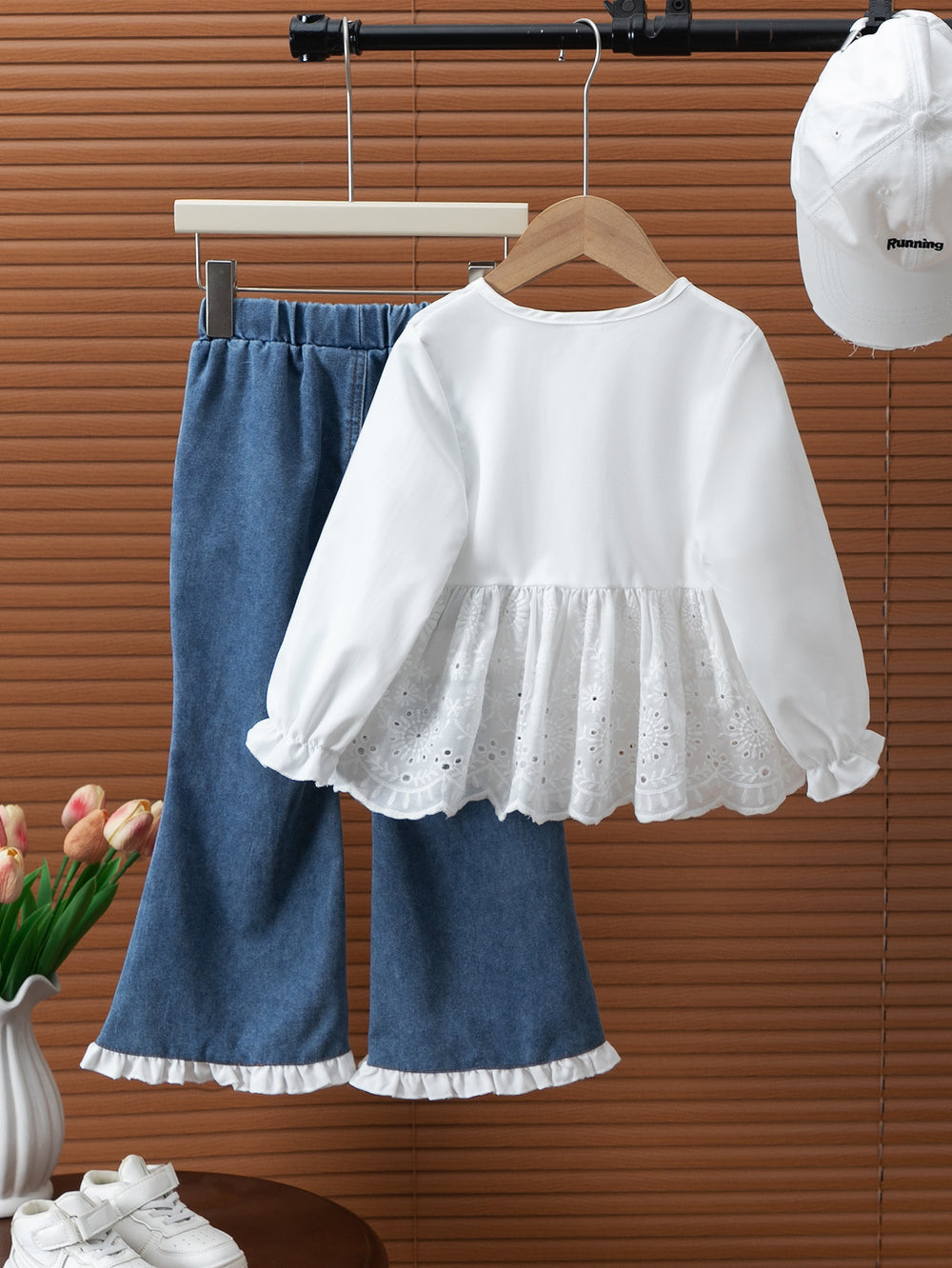 new autumn cross-border girls' fashion lace patchwork shirt + bowknot denim flare pants two-piece set