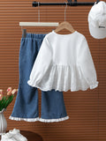 new autumn cross-border girls' fashion lace patchwork shirt + bowknot denim flare pants two-piece set