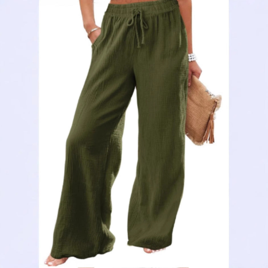 women's cross-border loose solid color drawstring casual pants - european and american style, versatile textured high-waisted wide leg trousers for work and leisure