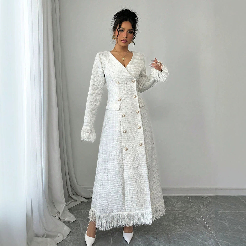 socialite style tweed longoutwear double row pearl button tassel patchworkslimming look silmdress