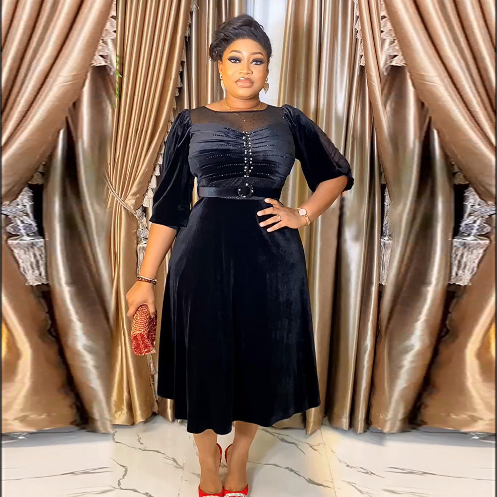 Aliexpress african plus size  autumn/winter new european and american cross-border elegant evening gown rhinestone velvet dress