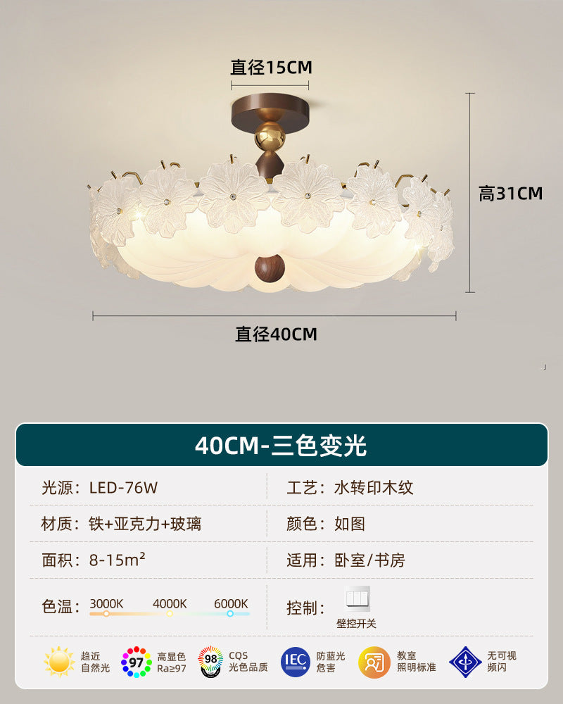 French retro embossed glass flower round ceiling light - walnut wood, soft light, cream style - perfect for kids' rooms and bedrooms