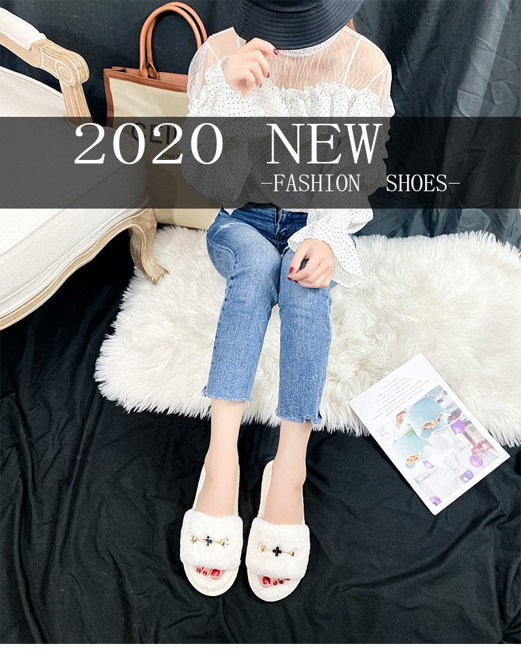 Rhinestone four seasons indoor and outdoor home slippers women's 2024 autumn and winter new flat bottom heattech furry cotton slippers women's wholesale