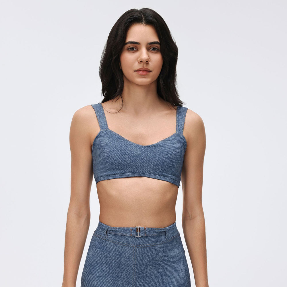 Vintage denim style sports bra high waist tight stretch running training fitness pants sports yoga suit women