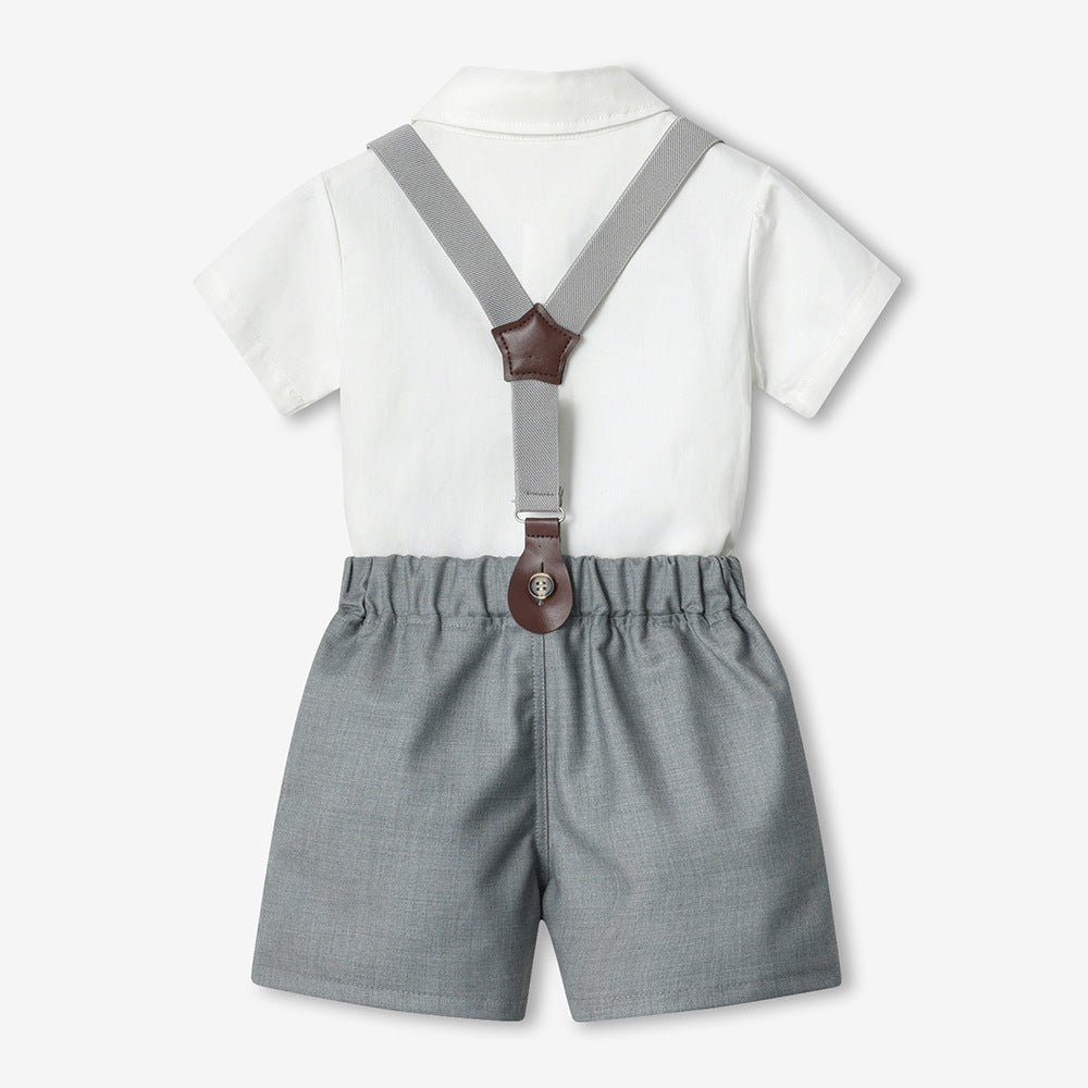 Kids gentleman's first birthday dress spring and summer new short-sleeved white shirt gentleman's sets boys birthday overalls suit