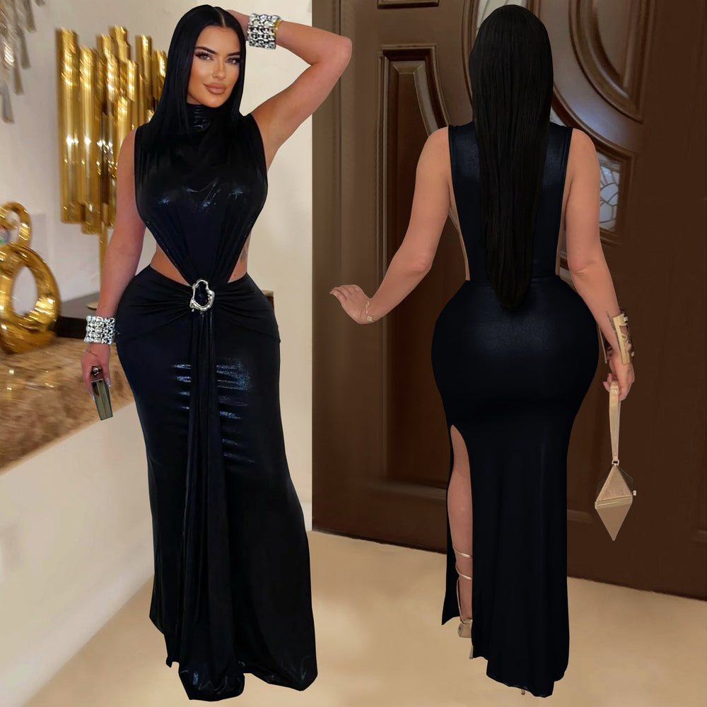 C7476 cross-border   fashion women's sexy elegant high neck sleeveless slit dress