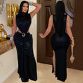 C7476 cross-border   fashion women's sexy elegant high neck sleeveless slit dress