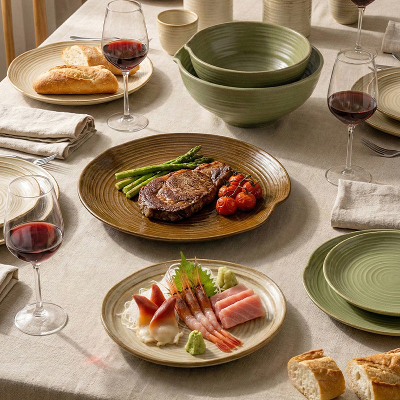 Kiln-turned threaded ceramic tableware retro style hotel restaurant steak plate stylish high-looking western food plate fish plate tableware