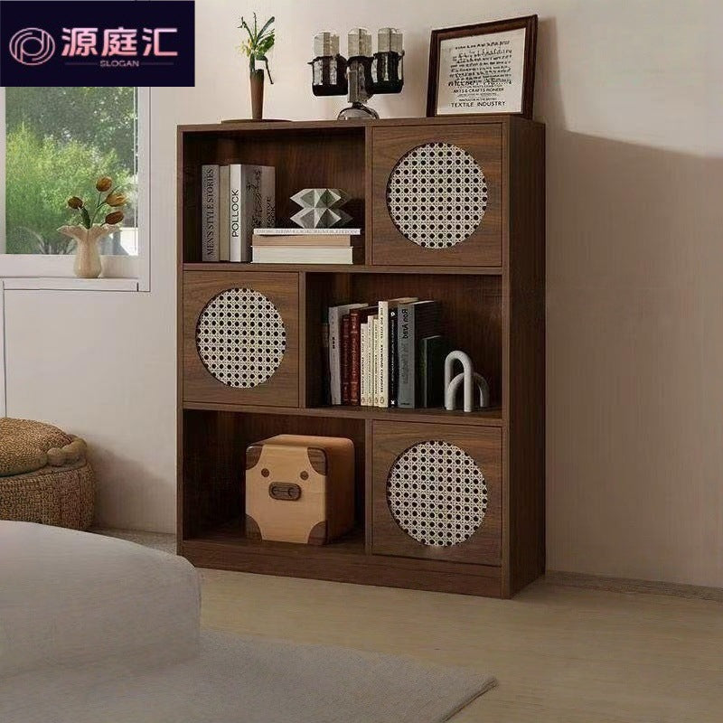 Half wall solid wood bookcase low cabinet storage cabinet all-in-one living room side cabinet combination cabinet storage rack color matching rattan bookshelf