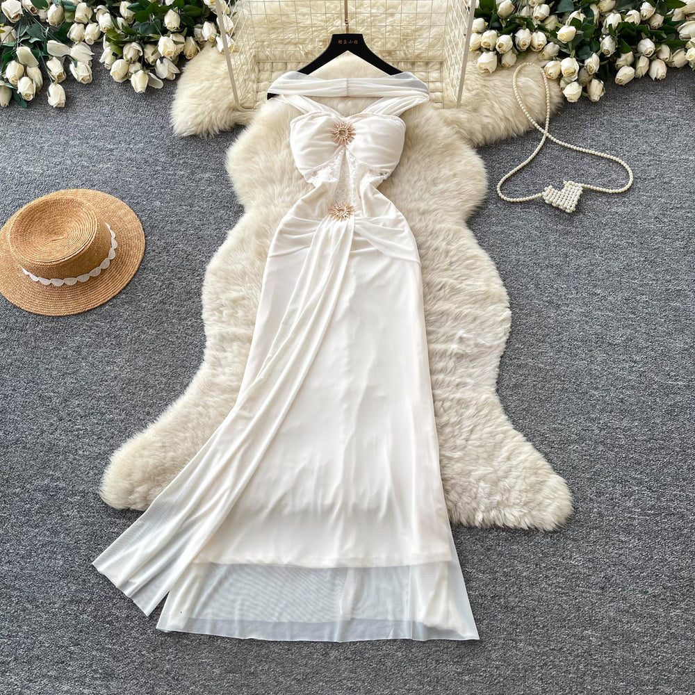 French halter lace white dress women's summer sleeveless waist slimming look a-line long skirt accessible luxuryelegance style