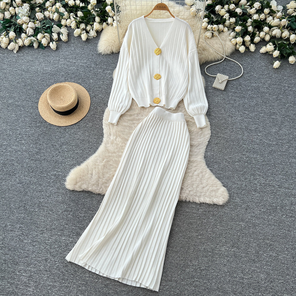 Lazy style metal buckle knittingcardigantopstwo-piece set women's autumclassy sense silm hip skirt suit