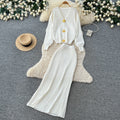 Lazy style metal buckle knittingcardigantopstwo-piece set women's autumclassy sense silm hip skirt suit