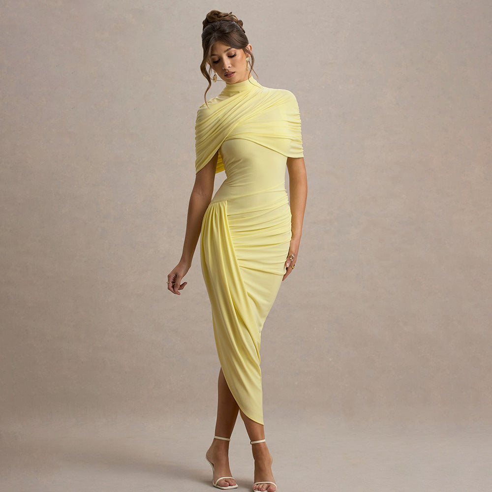 European and american women's clothing  spring new collection: solid color fashion shawl, asymmetrical ruched bodycon mini dress with open back