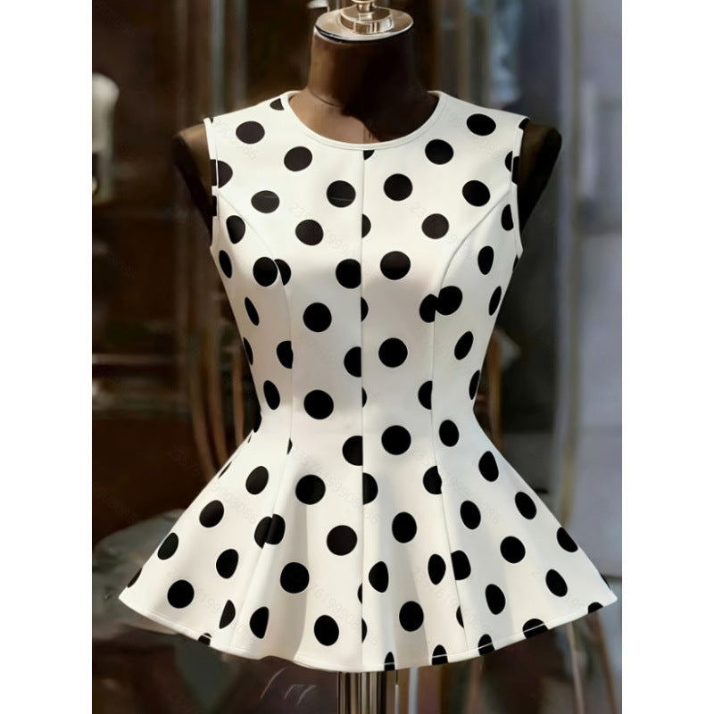 Women's summer new french chic vintage polka dot round neck sleeveless a-line tank top - perfect for going out and dating