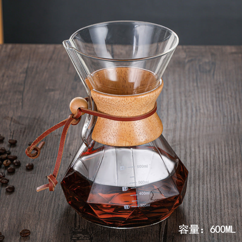 pour-over coffee maker set, diamond-shaped chemex sharing carafe, heat-resistant glassware for home use, with logo imprinting available
