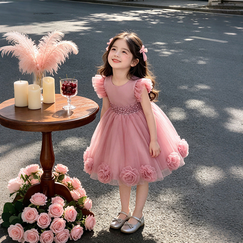 Girls' dress - mesh embroidered sweet style - baby birthday & first birthday princess dress - in stock wholesale - flutter sleeve tulle