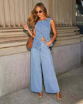 fashionelegant button sleeveless vest wide leg jeans denim suit for women
